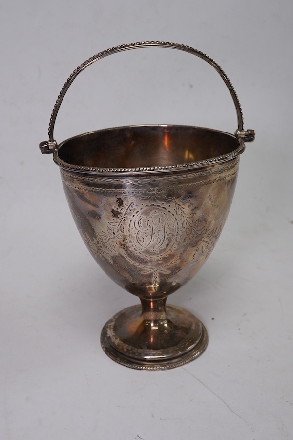 A George III silver pedestal sugar basket, by Burrage Davenport, London, 1779, with beaded border and engraved decoration and monogram, height 12.3cm, 6oz. Condition - poor to fair